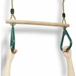 TODECO Trapèze En Bois, Balançoire Avec Anneaux De Gymnastique, Vert, 200 Cm, Mousqueton Et Ceinture, Matériau: Plastique (PP, PE), Bois -Equipement antichute Soldes 13333083 3