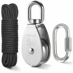DECKON M50 Grue Bloc De Poulie Levage Grue Crochet Pivotant Unique Bloc De Poulie Câble De Suspension De Roue De Remorquage En Acier Inoxydable 304-Avec 10 Metre En Nylon Corde Et Mousqueton Clips