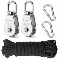 DECKON Poulie De Levage, 25MM Poulie En Acier Inox 304,2 Pièces M25 Poulie Simple, Pour Cordes Et Câbles, Avec 6mm Corde 20M,2 Pièces Mousquetons Porte-clés