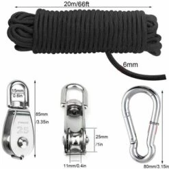 DECKON Poulie De Levage, 25MM Poulie En Acier Inox 304,2 Pièces M25 Poulie Simple, Pour Cordes Et Câbles, Avec 6mm Corde 20M,2 Pièces Mousquetons Porte-clés -Equipement antichute Soldes 51585863 3