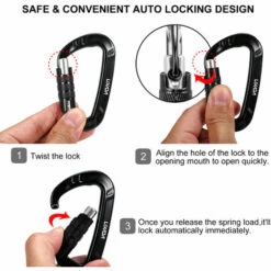 Mousqueton Lixada 2pcs 12KN Mousqueton Clips D-Ring Verrouillage Clé Sécurité Pour Camping Escalade Randonnée - Le Noir -Equipement antichute Soldes 55646304 2