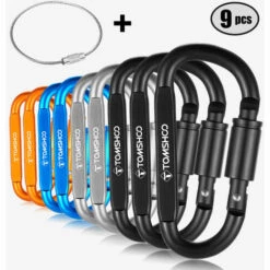 TOMSHOO Lot De 9 Mousquetons De Verrouillage à Anneau En D En Alliage D'aluminium, Ensemble De Mousquetons à Vis, Crochet De Suspension, Boucle Porte-clés Avec Anneau En Fil D'acier Pour Camping, Randonnée, Multicolore