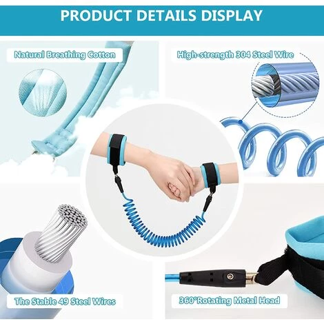 PERLE RARE 2.5M Anti-perdu Poignet Pour Enfant, Laisse Enfant Poignet De 360 ° Rotation, Bracelet Anti-perte Harnais Enfant Confortable Pour Bébé, Bleu 5 PERLE RARE 2.5M Anti-perdu Poignet Pour Enfant, Laisse Enfant Poignet De 360 ° Rotation, Bracelet Anti-perte Harnais Enfant Confortable Pour Bébé, Bleu – Image 3