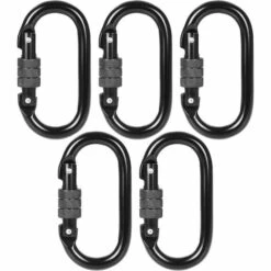 MONLY Lot De 5 Mousqueton Escalade Noir INOX - 20KN(2000KG), Mousqueton Verrouillable Carabiner Oval Steel Avec Bouchon à Vis, Mousqueton Militaire Noir, Charge De 2000kg