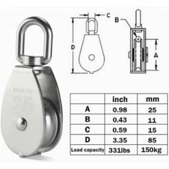 FVBJD 4 Pièces M25 Seul Poulie Bloc, 304 Aciers Inoxydables Poulie Rouleau, Grue Pivot Crochet Lisse Fil Corde Câble Chargement 331lbs/150Kg -Equipement antichute Soldes 65821067 2