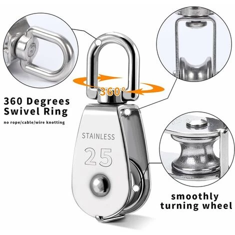 AOUGO Lot De 2 Poulies Simples M25, Rouleau De Poulie En Acier Inoxydable 304, Poulie Pivotante à 360 Degrés Pour Cordes à Linge - Chargement En Toute Sécurité Jusqu'à 150 Kg 5 AOUGO Lot De 2 Poulies Simples M25, Rouleau De Poulie En Acier Inoxydable 304, Poulie Pivotante à 360 Degrés Pour Cordes à Linge - Chargement En Toute Sécurité Jusqu'à 150 Kg – Image 3